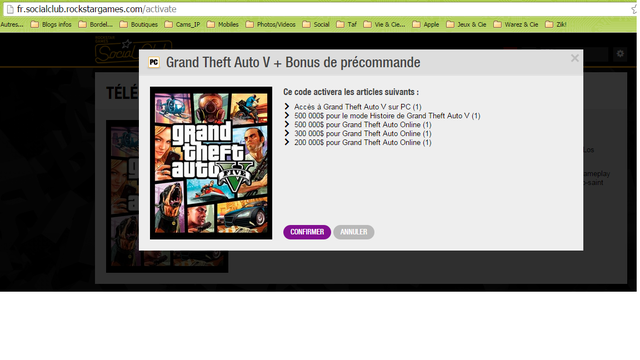 Confirmation de téléchargement de GTA V PC.