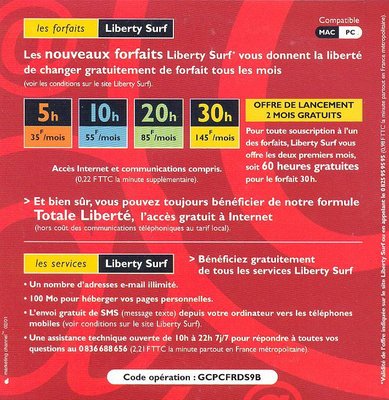 Kit de connexion Liberty Surf (60H), offre en partenariat avec l'enseigne Géant - 2001 (verso)