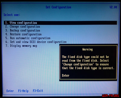 Avertissement d'erreur de lecture du type de disque installé à l'arrivée du menu de paramétrage de la configuration de la Reference Disk Ver. 1.08.