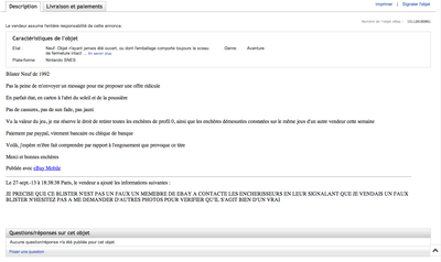 Détails de la vente eBay N° 151128180861 ("Super Castlevania IV" (PAL) pour Super-Nintendo à 3010 Euros !).