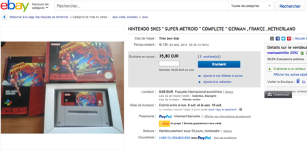 "Super Metroid" (Pal) pour Super-Nintendo à 35,80 Euros.