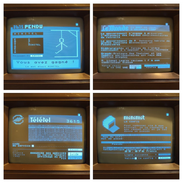 IMG20230108000517-COLLAGE.jpg (163.53 Kio) Vu 94929 fois Photos d'écrans des échos : "Le Pendu", "Le Monde", "3615 Télétel" et la page de config MiniMit.