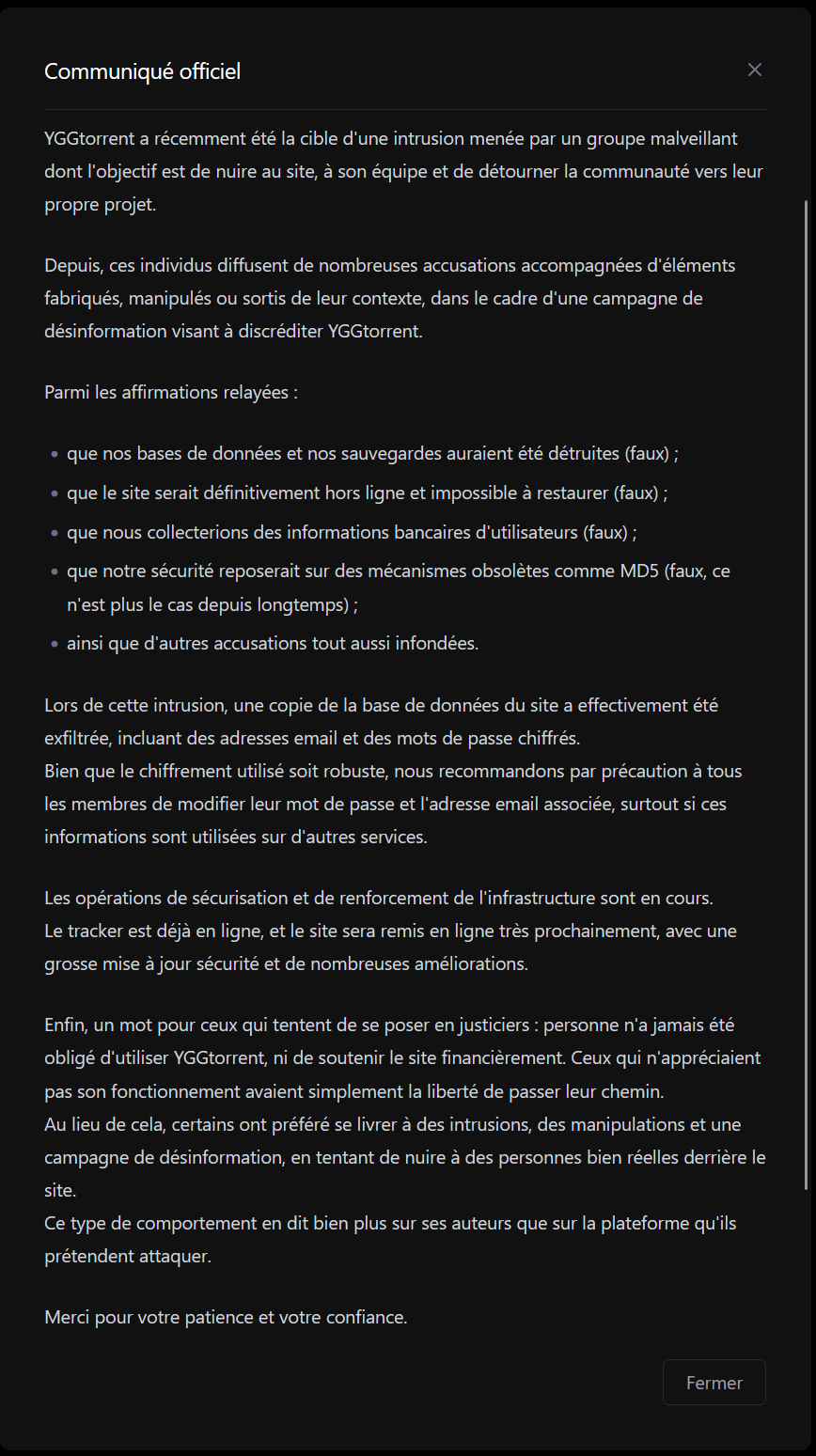 Communiqué officiel YGG.