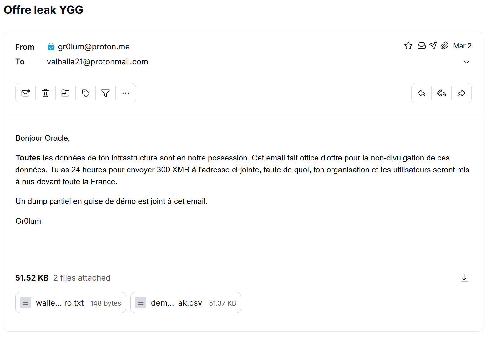 Email de rançon envoyé par gr0lum@proton.me