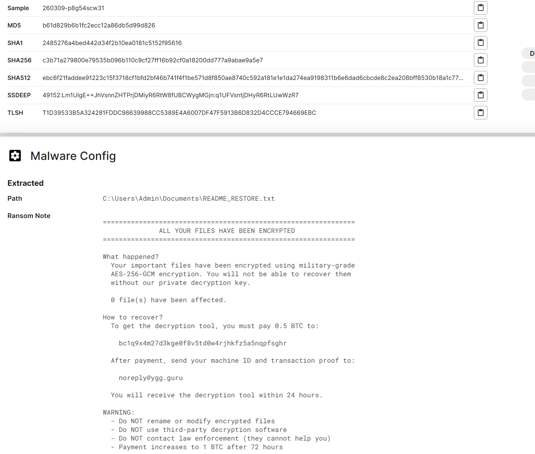 Configuration du malware : ransom note, wallet BTC et email noreply@ygg.guru