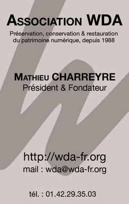 ID_WDA_Verso.jpg (137.93 Kio) Vu 30496 fois Exemple de cartes de visites nominatives (Verso) de l'association WDA (version 2010).